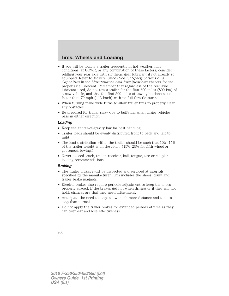 Loading, Braking, Tires, wheels and loading | FORD 2010 F-550 v.1 User Manual | Page 260 / 407