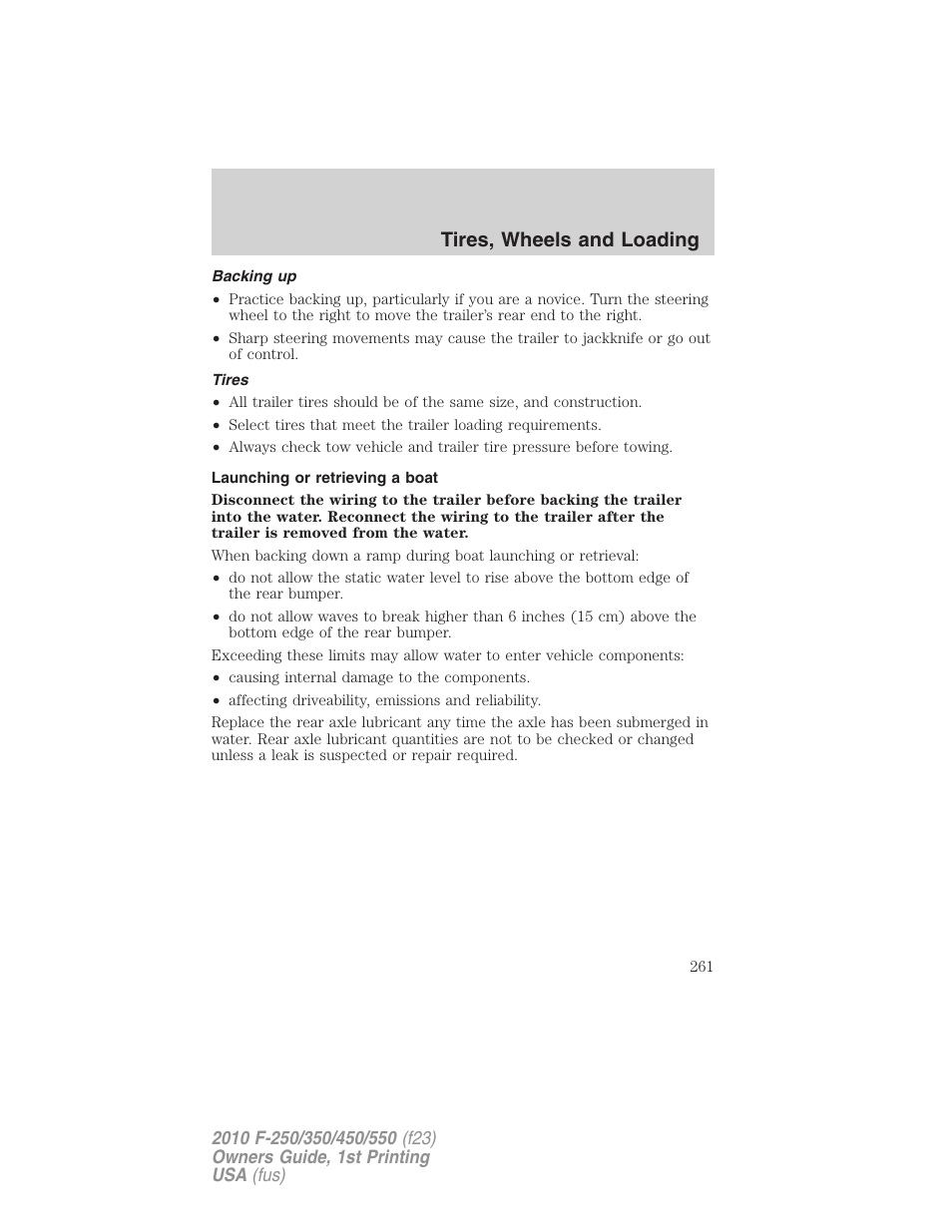 Backing up, Tires, Launching or retrieving a boat | Tires, wheels and loading | FORD 2010 F-550 v.1 User Manual | Page 261 / 407