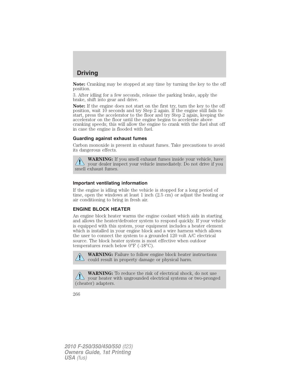Guarding against exhaust fumes, Important ventilating information, Engine block heater | Driving | FORD 2010 F-550 v.1 User Manual | Page 266 / 407