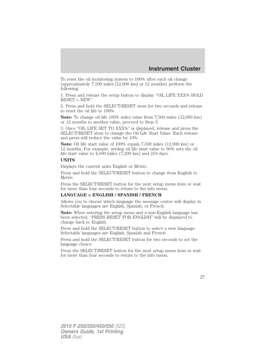 Instrument cluster | FORD 2010 F-550 v.1 User Manual | Page 27 / 407