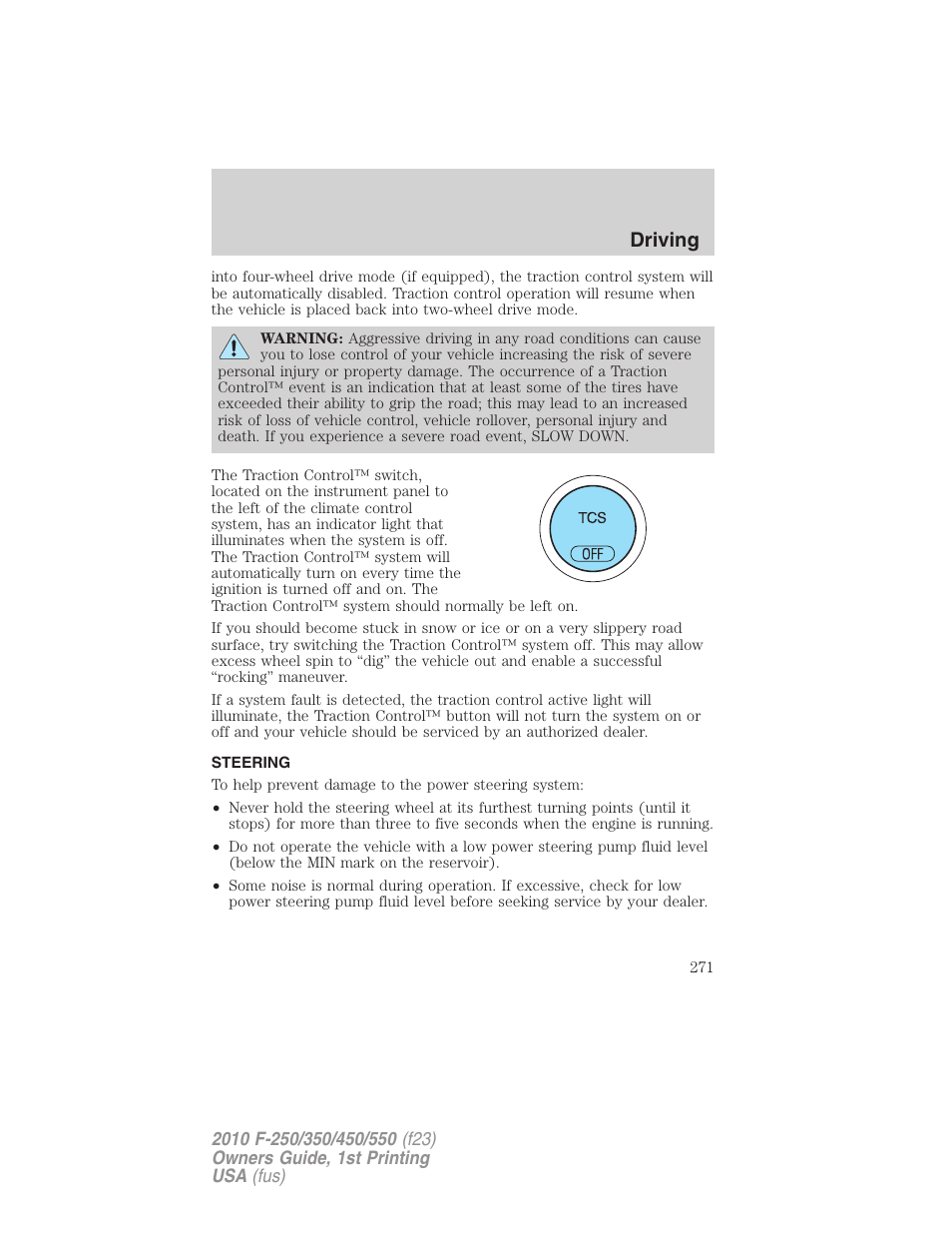 Steering, Driving | FORD 2010 F-550 v.1 User Manual | Page 271 / 407