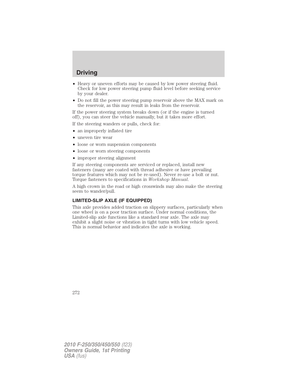 Limited-slip axle (if equipped), Driving | FORD 2010 F-550 v.1 User Manual | Page 272 / 407