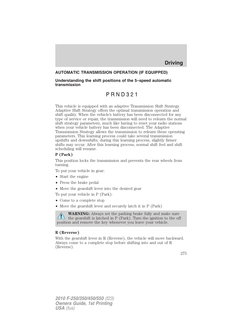 Automatic transmission operation (if equipped), Transmission operation, Driving | FORD 2010 F-550 v.1 User Manual | Page 275 / 407