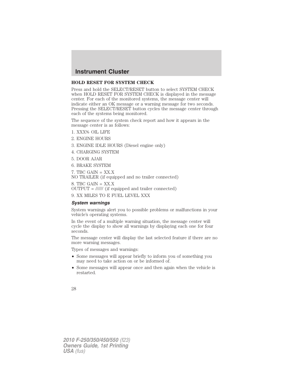 System warnings, Instrument cluster | FORD 2010 F-550 v.1 User Manual | Page 28 / 407