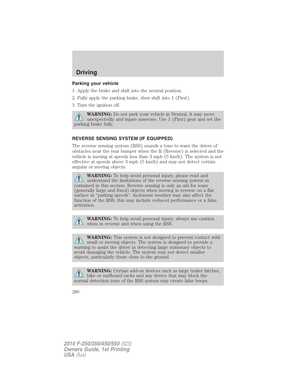 Parking your vehicle, Reverse sensing system (if equipped), Reverse sensing system | Driving | FORD 2010 F-550 v.1 User Manual | Page 280 / 407