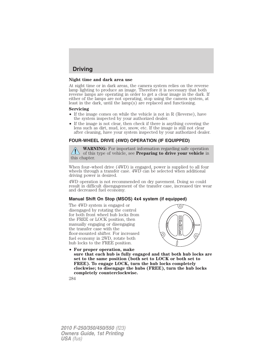 Four-wheel drive (4wd) operation (if equipped), Driving | FORD 2010 F-550 v.1 User Manual | Page 284 / 407