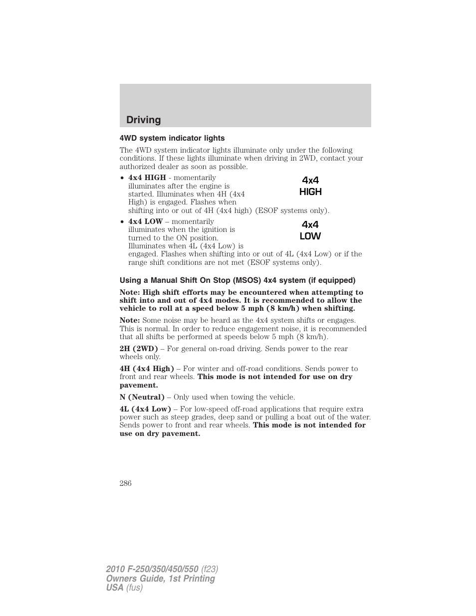 4wd system indicator lights, Driving | FORD 2010 F-550 v.1 User Manual | Page 286 / 407