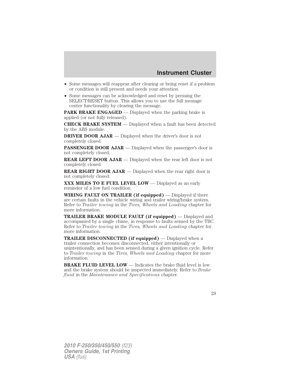 Instrument cluster | FORD 2010 F-550 v.1 User Manual | Page 29 / 407