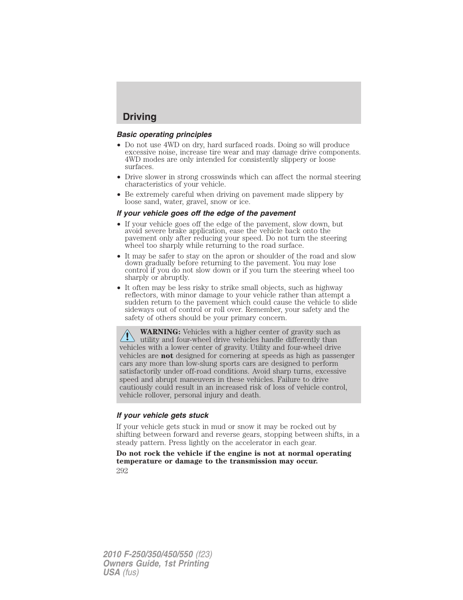 Basic operating principles, If your vehicle goes off the edge of the pavement, If your vehicle gets stuck | Driving | FORD 2010 F-550 v.1 User Manual | Page 292 / 407