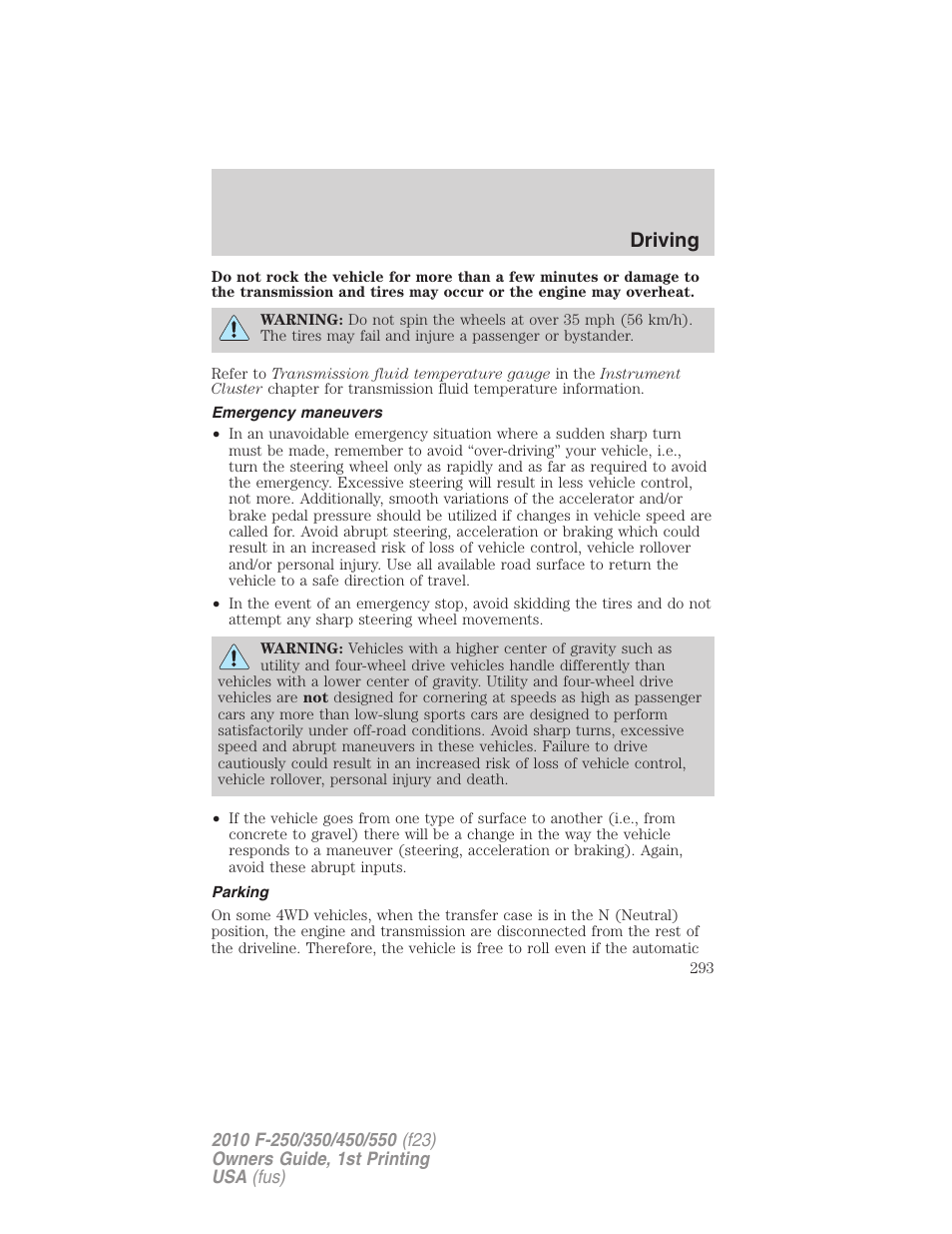 Emergency maneuvers, Parking, Driving | FORD 2010 F-550 v.1 User Manual | Page 293 / 407