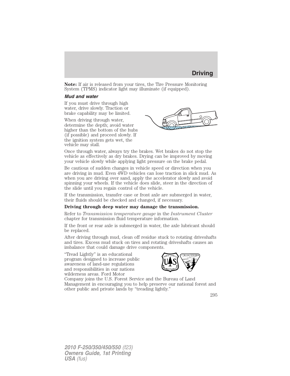 Mud and water, Driving | FORD 2010 F-550 v.1 User Manual | Page 295 / 407