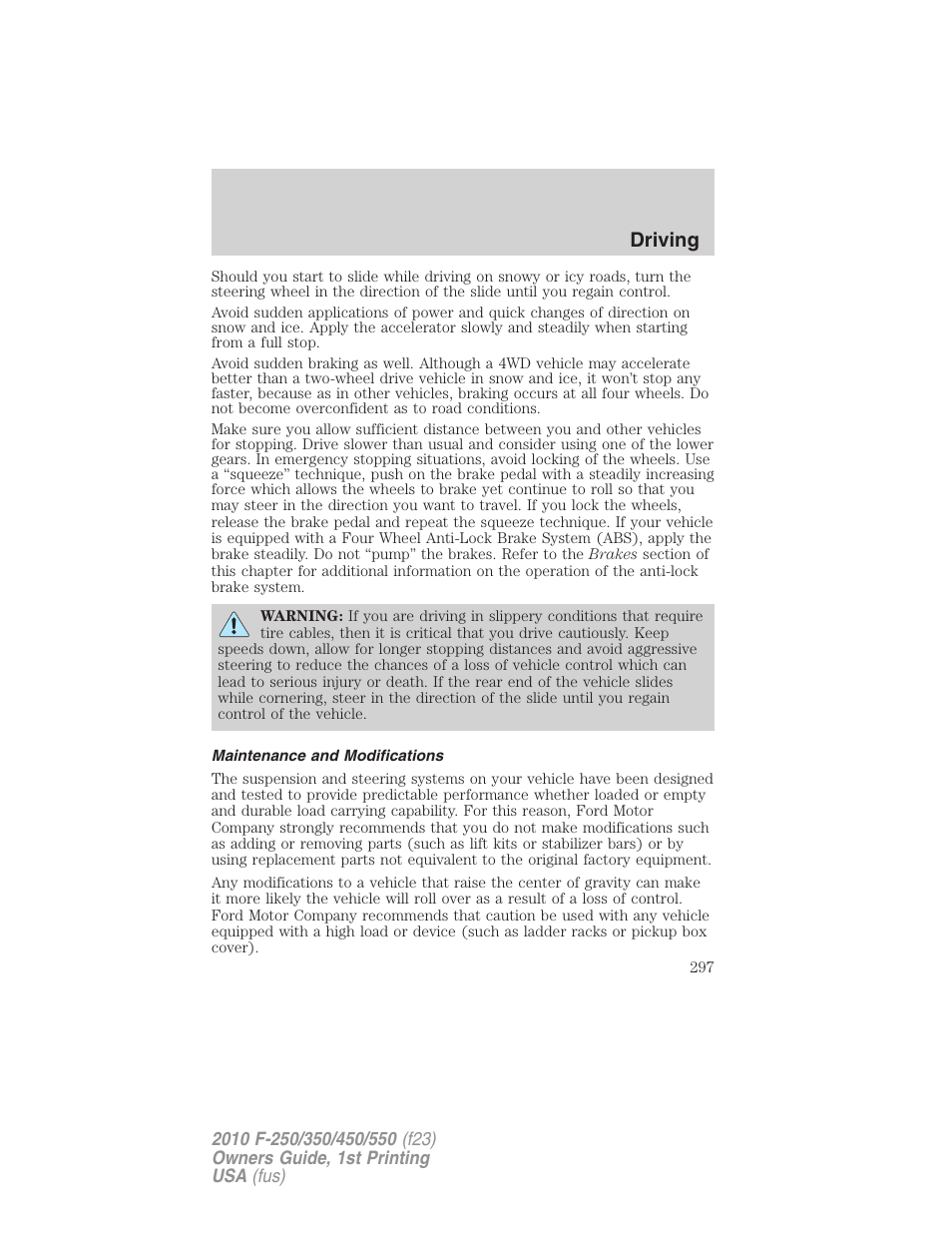 Maintenance and modifications, Driving | FORD 2010 F-550 v.1 User Manual | Page 297 / 407