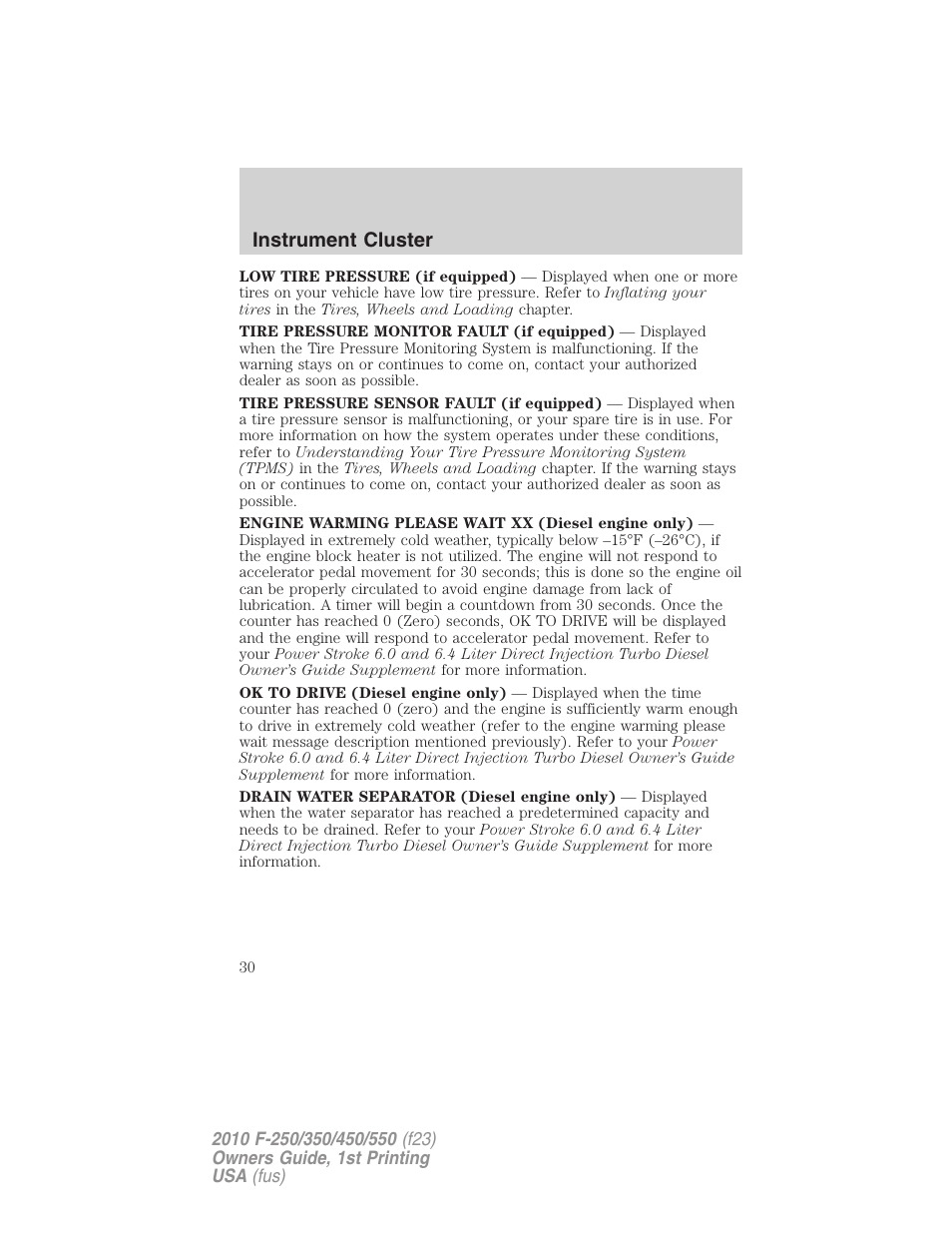 Instrument cluster | FORD 2010 F-550 v.1 User Manual | Page 30 / 407