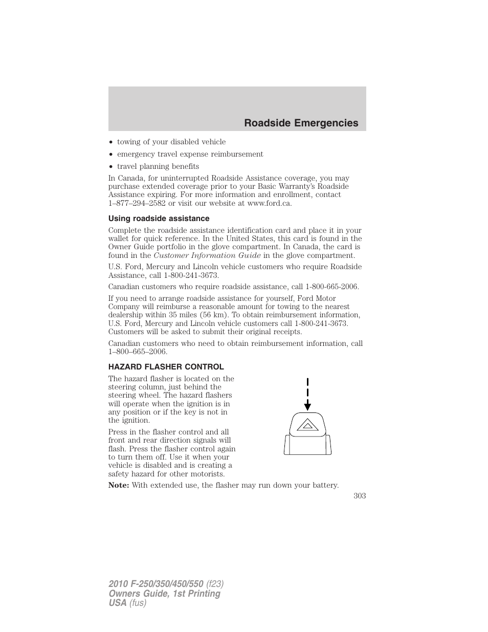 Using roadside assistance, Hazard flasher control, Roadside emergencies | FORD 2010 F-550 v.1 User Manual | Page 303 / 407