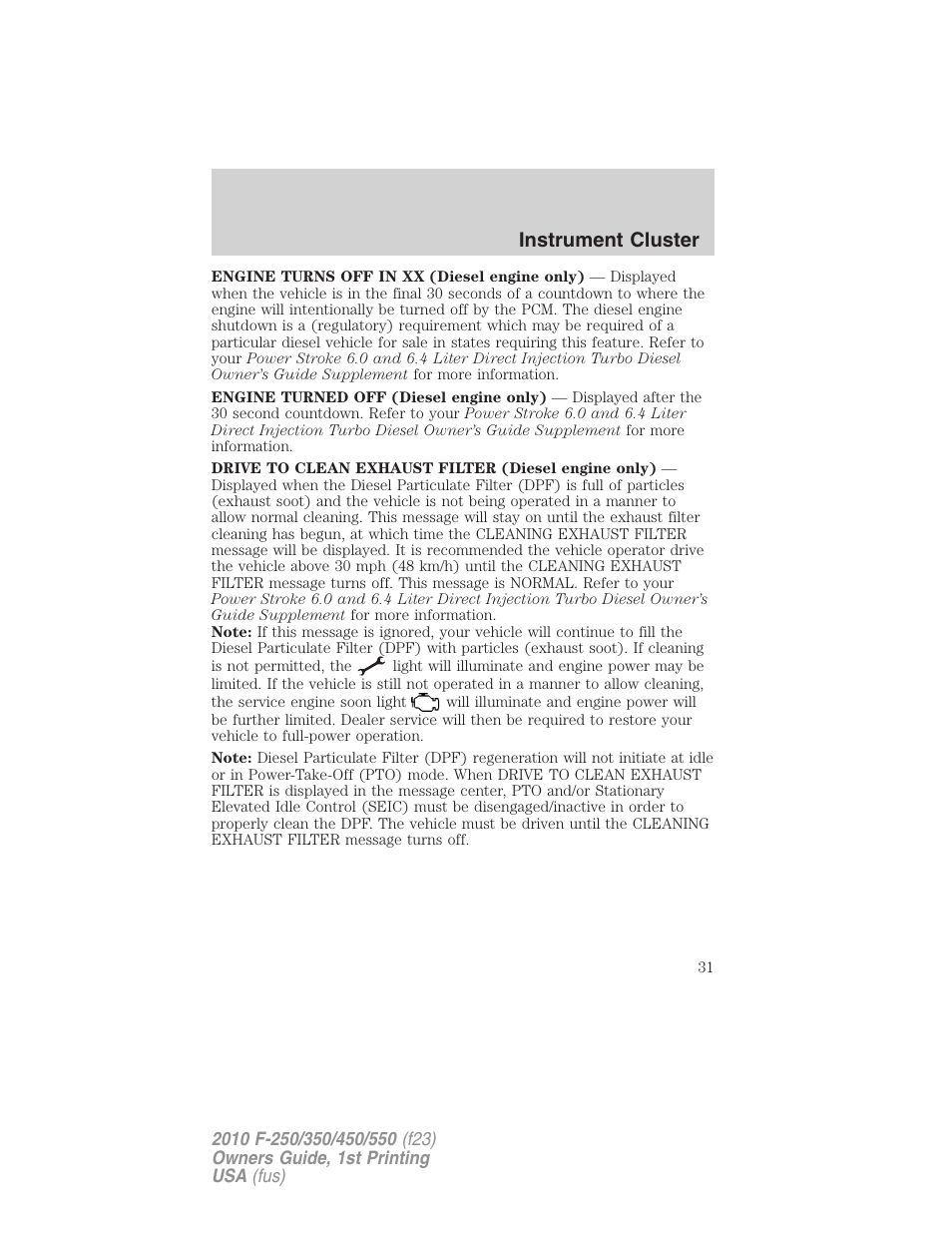 Instrument cluster | FORD 2010 F-550 v.1 User Manual | Page 31 / 407