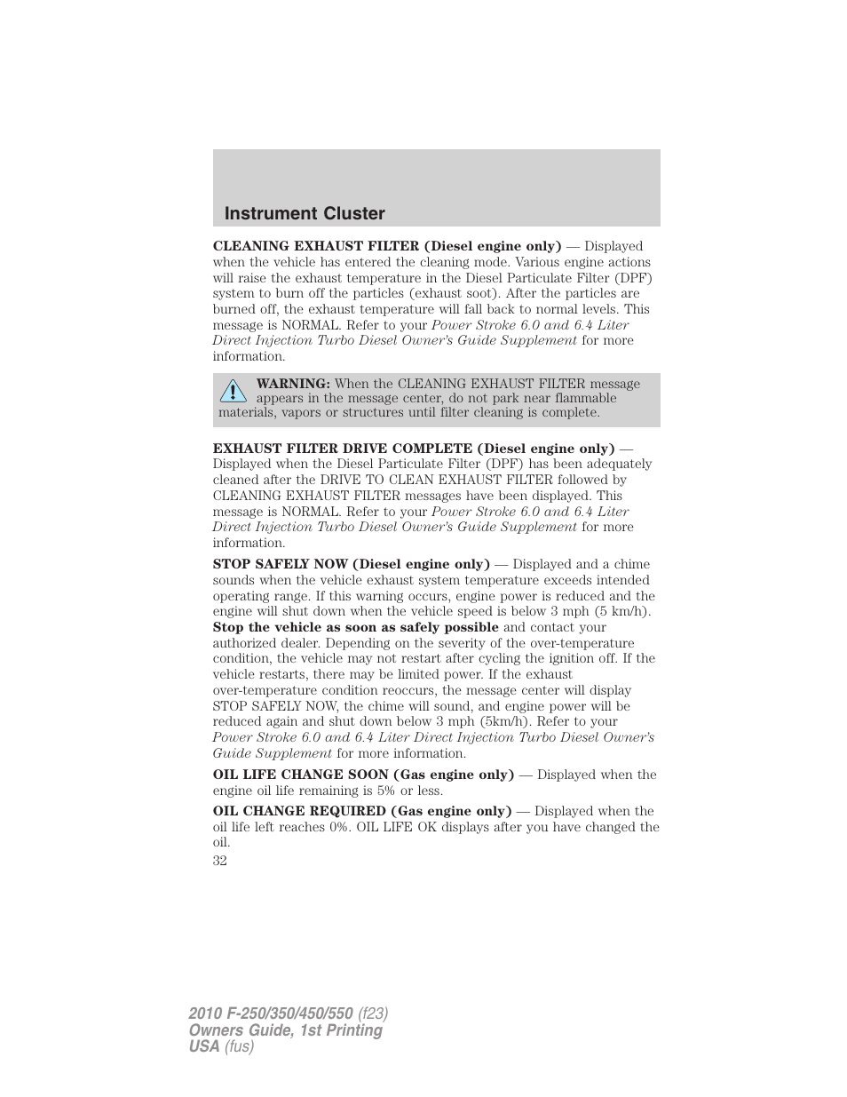 Instrument cluster | FORD 2010 F-550 v.1 User Manual | Page 32 / 407