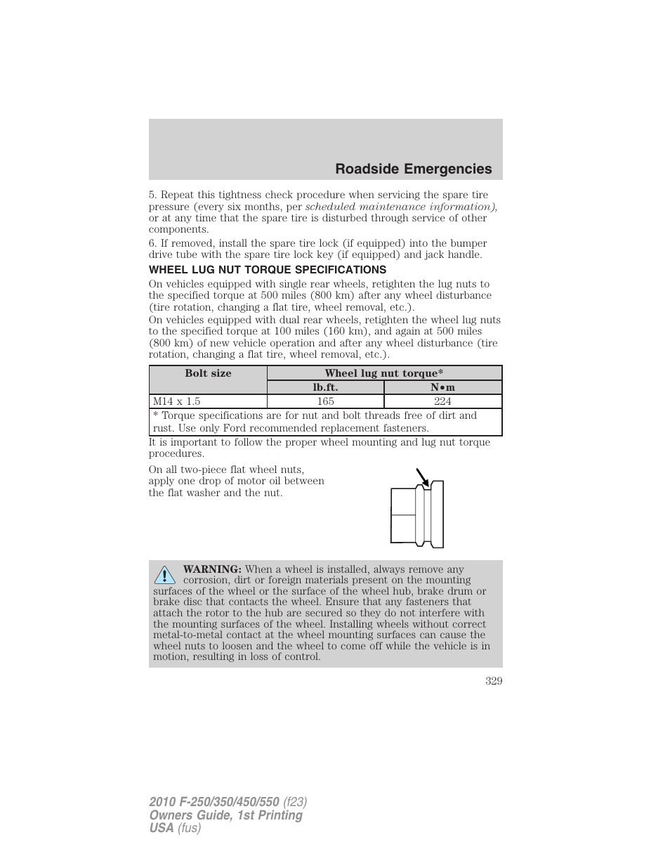 Wheel lug nut torque specifications, Wheel lug nut torque, Roadside emergencies | FORD 2010 F-550 v.1 User Manual | Page 329 / 407