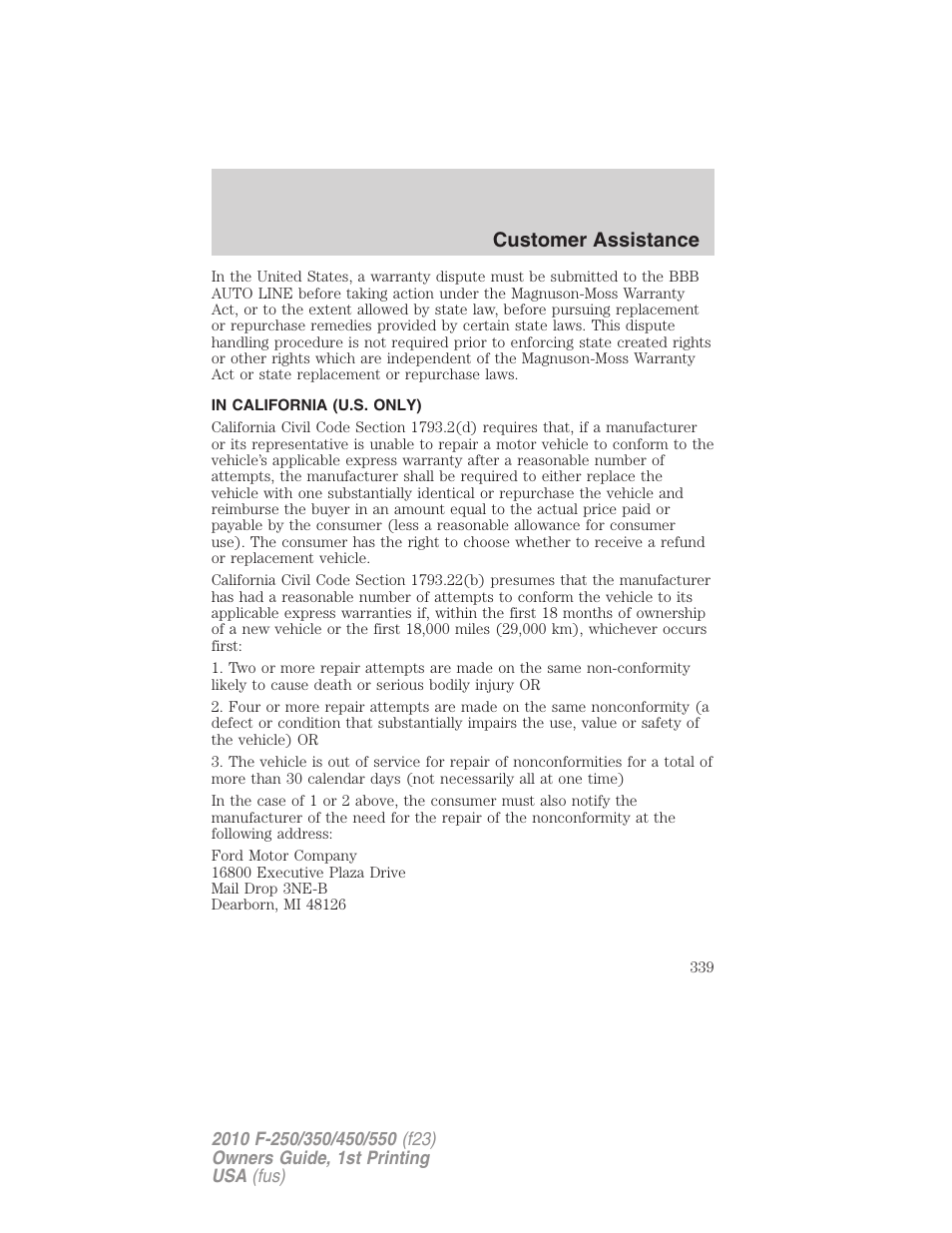 In california (u.s. only), Customer assistance | FORD 2010 F-550 v.1 User Manual | Page 339 / 407