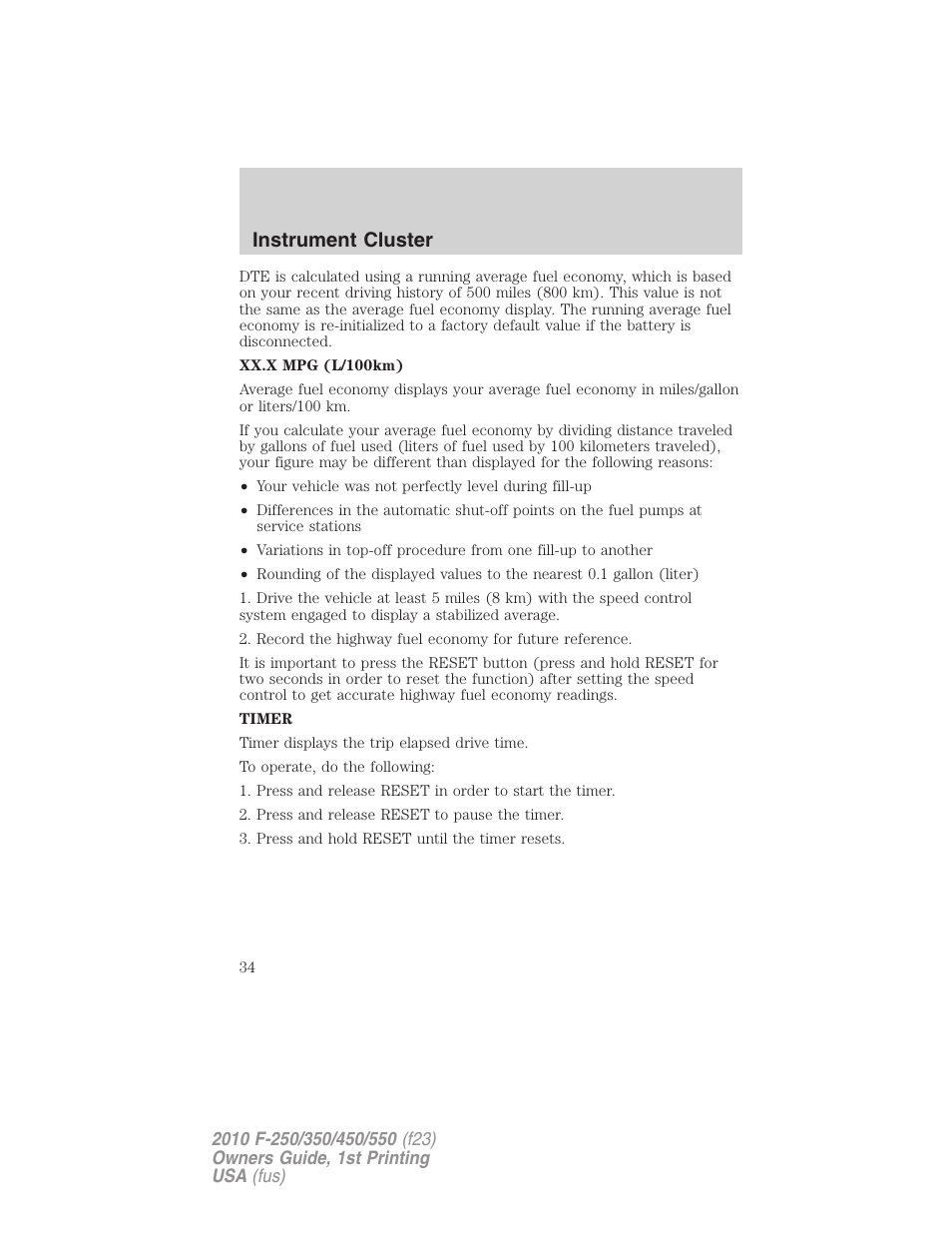 Instrument cluster | FORD 2010 F-550 v.1 User Manual | Page 34 / 407