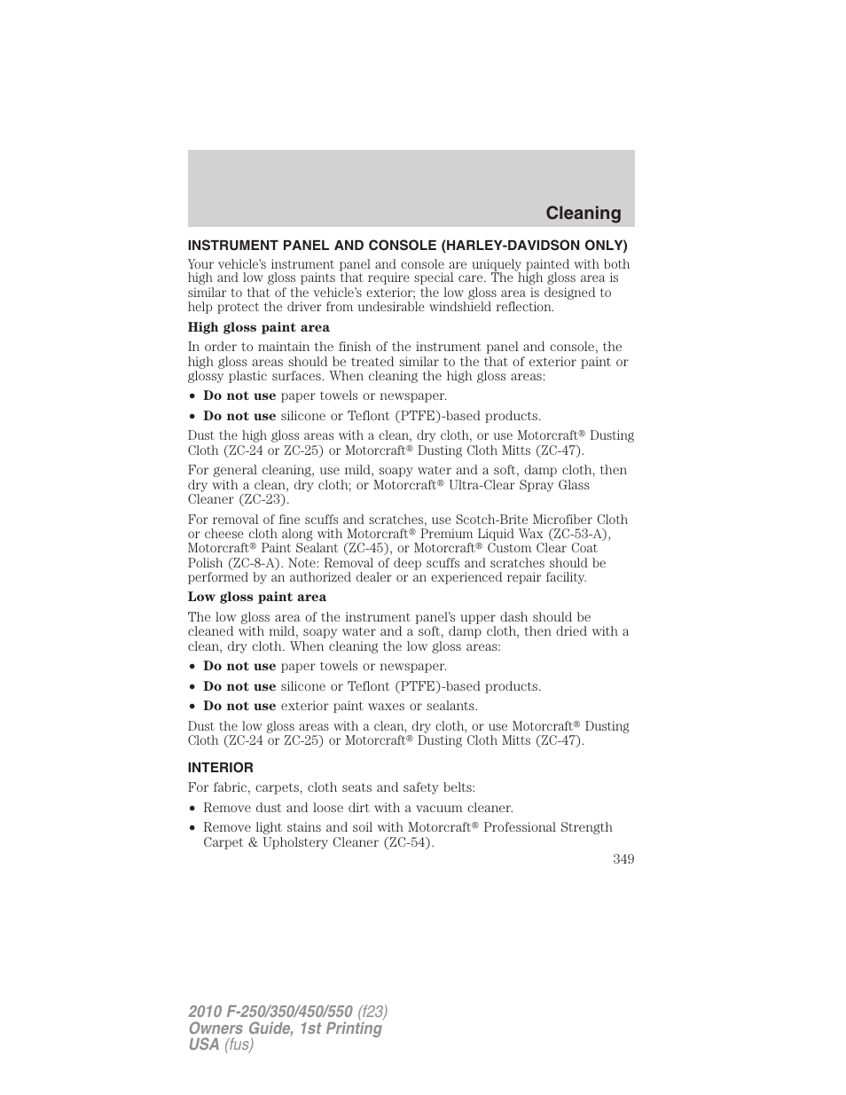 Interior, Cleaning | FORD 2010 F-550 v.1 User Manual | Page 349 / 407