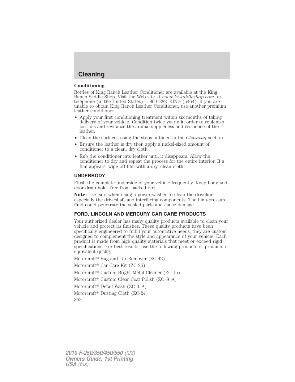 Underbody, Ford, lincoln and mercury car care products, Cleaning | FORD 2010 F-550 v.1 User Manual | Page 352 / 407