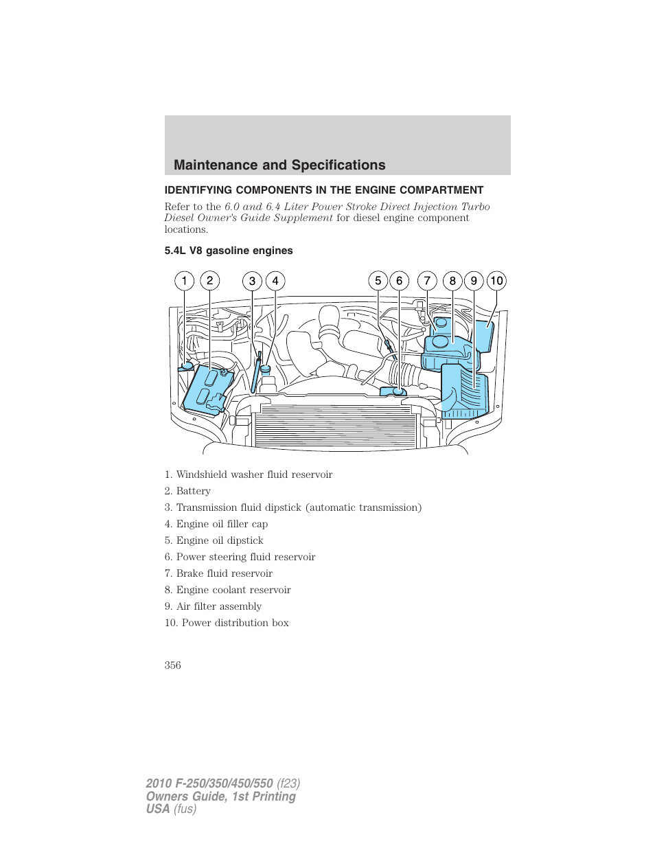 Identifying components in the engine compartment, 4l v8 gasoline engines, Engine compartment | Maintenance and specifications | FORD 2010 F-550 v.1 User Manual | Page 356 / 407