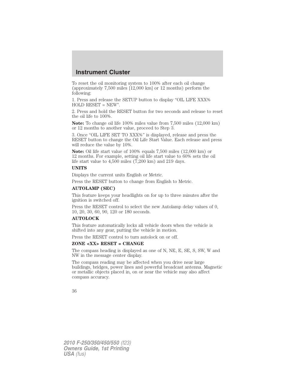 Instrument cluster | FORD 2010 F-550 v.1 User Manual | Page 36 / 407