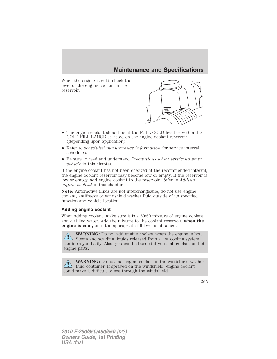 Adding engine coolant, Maintenance and specifications | FORD 2010 F-550 v.1 User Manual | Page 365 / 407
