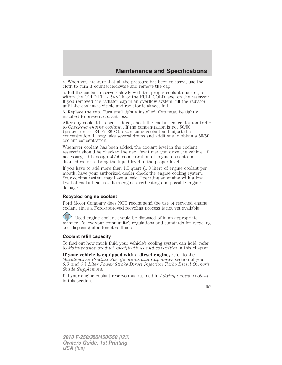 Recycled engine coolant, Coolant refill capacity, Maintenance and specifications | FORD 2010 F-550 v.1 User Manual | Page 367 / 407