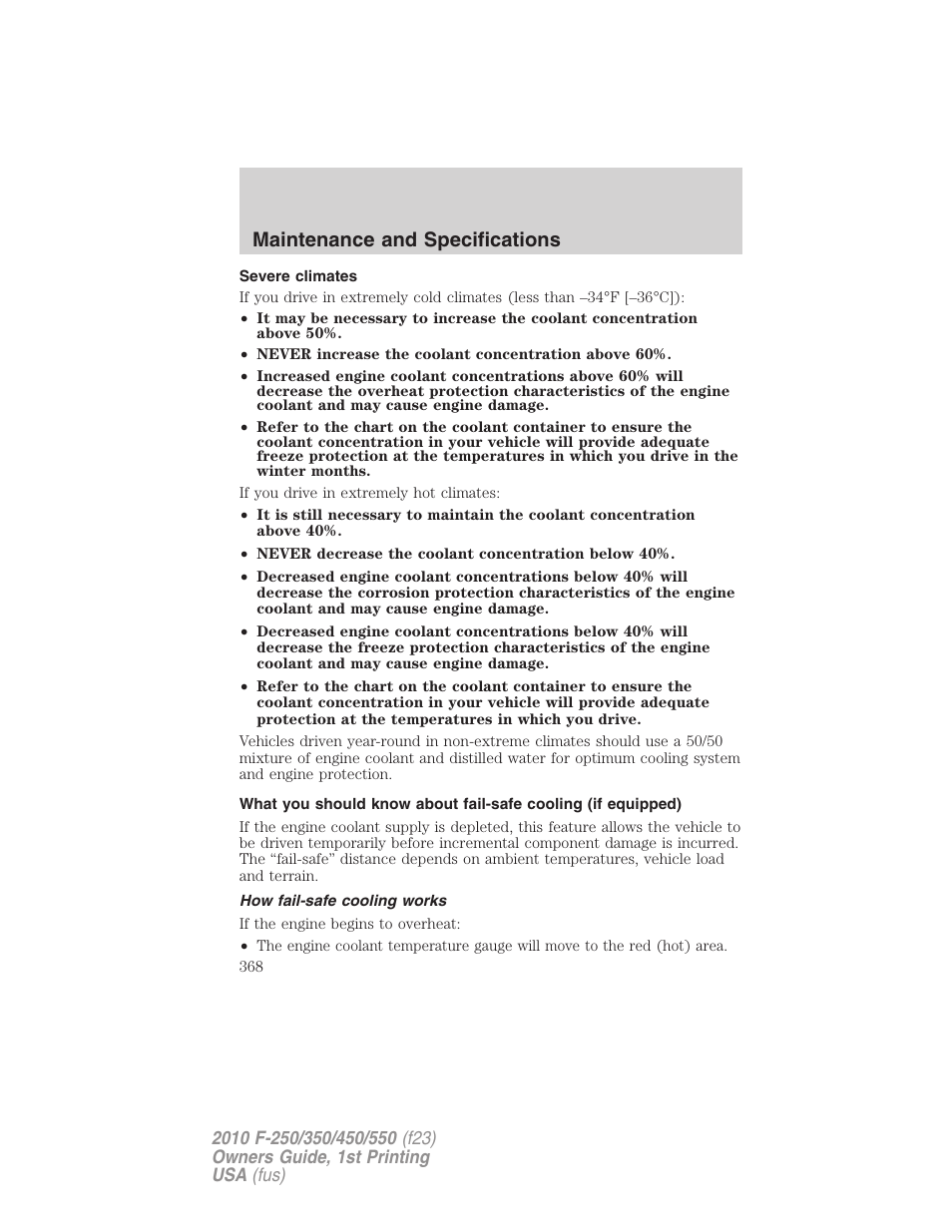 Severe climates, How fail-safe cooling works, Maintenance and specifications | FORD 2010 F-550 v.1 User Manual | Page 368 / 407