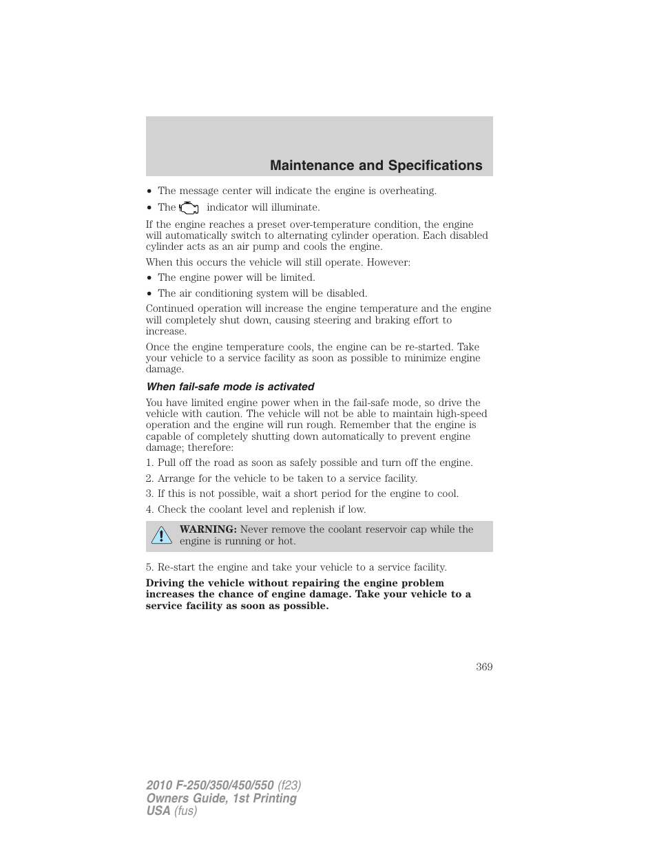 When fail-safe mode is activated, Maintenance and specifications | FORD 2010 F-550 v.1 User Manual | Page 369 / 407