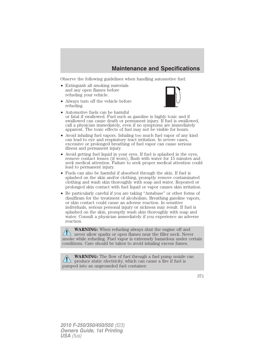Maintenance and specifications | FORD 2010 F-550 v.1 User Manual | Page 371 / 407
