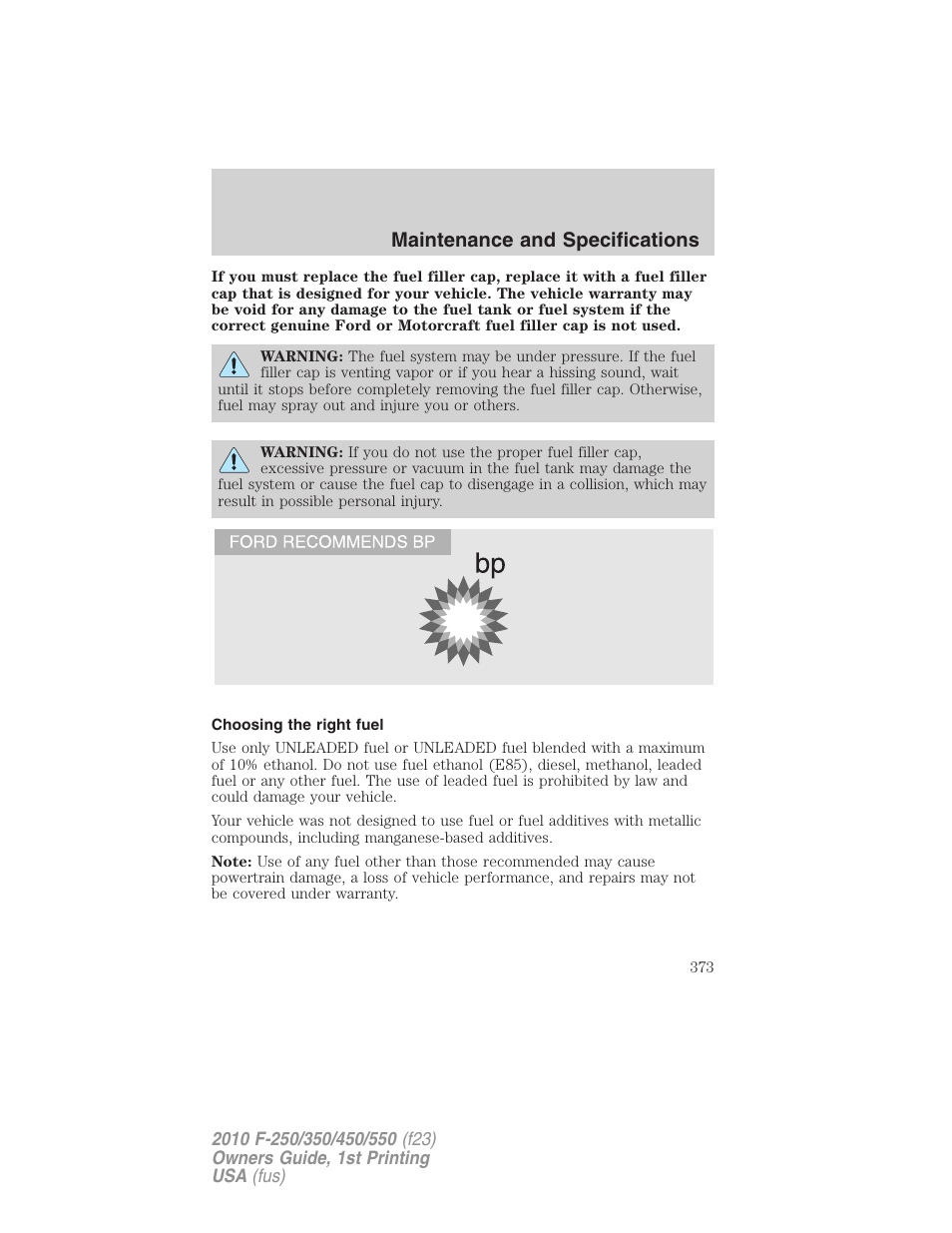 Choosing the right fuel, Maintenance and specifications | FORD 2010 F-550 v.1 User Manual | Page 373 / 407
