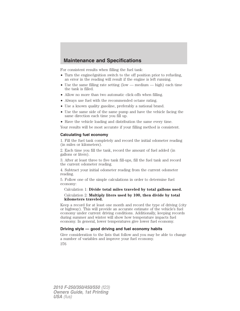 Calculating fuel economy, Maintenance and specifications | FORD 2010 F-550 v.1 User Manual | Page 376 / 407