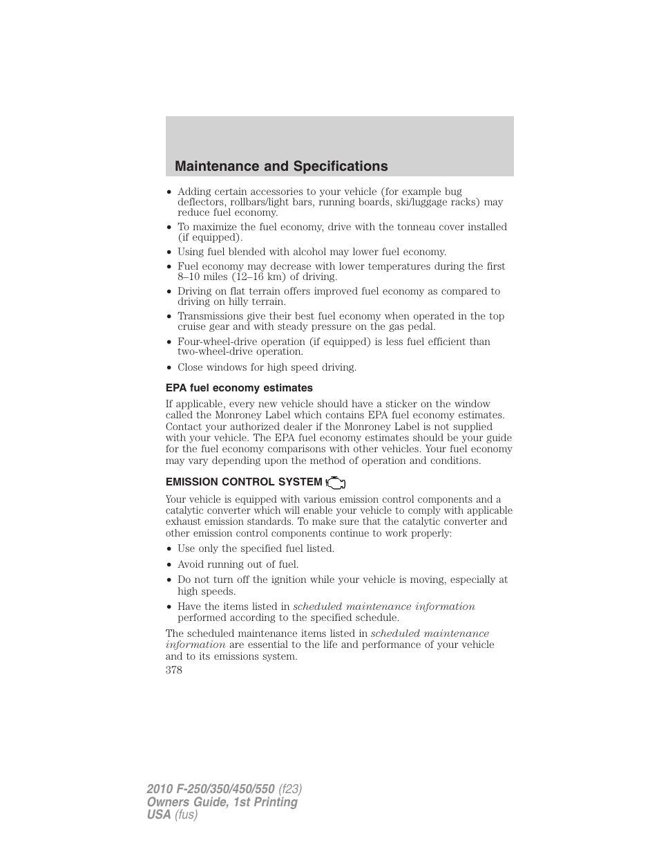 Epa fuel economy estimates, Emission control system, Maintenance and specifications | FORD 2010 F-550 v.1 User Manual | Page 378 / 407
