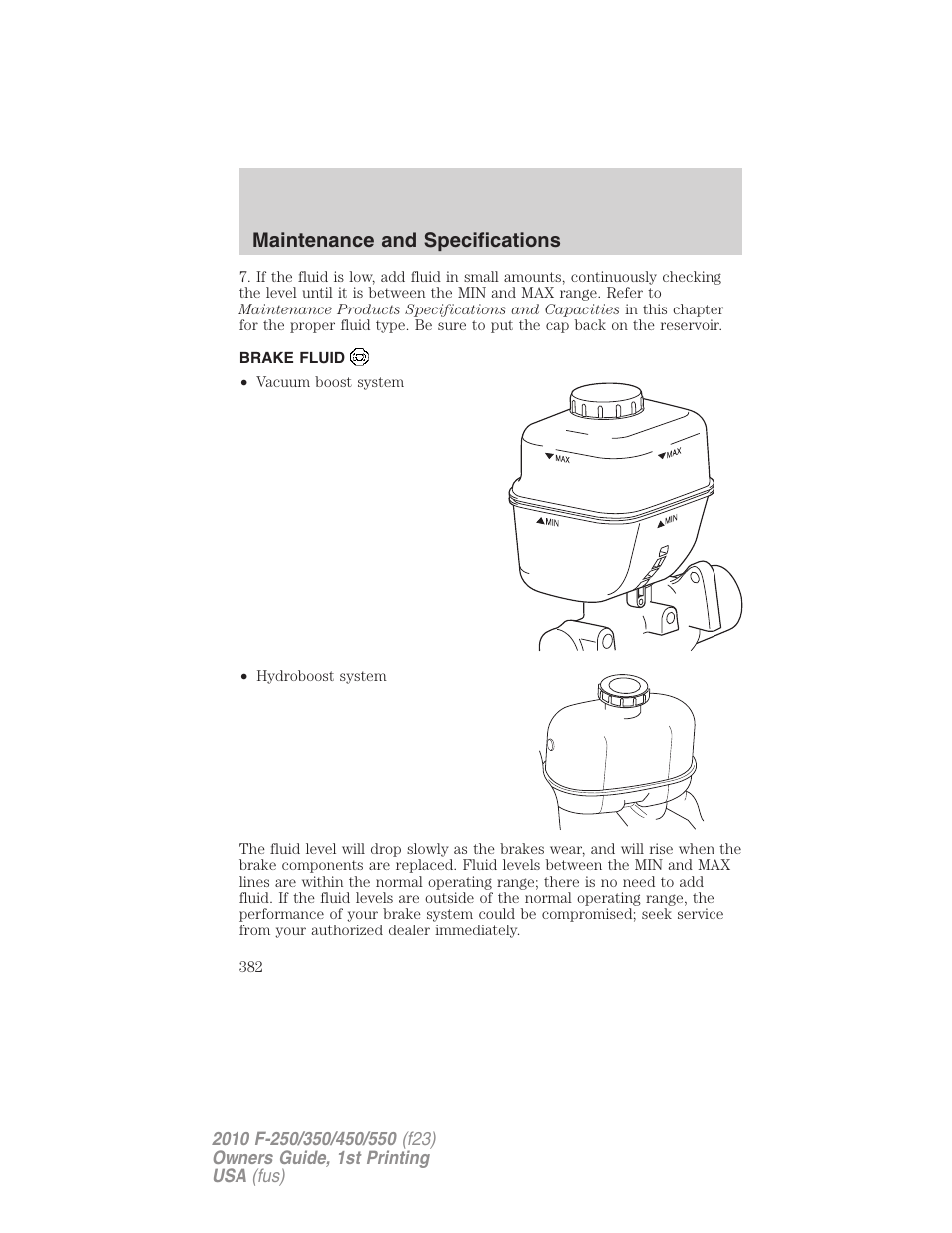 Brake fluid, Maintenance and specifications | FORD 2010 F-550 v.1 User Manual | Page 382 / 407