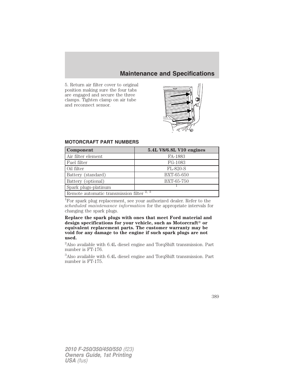 Motorcraft part numbers, Part numbers, Maintenance and specifications | FORD 2010 F-550 v.1 User Manual | Page 389 / 407