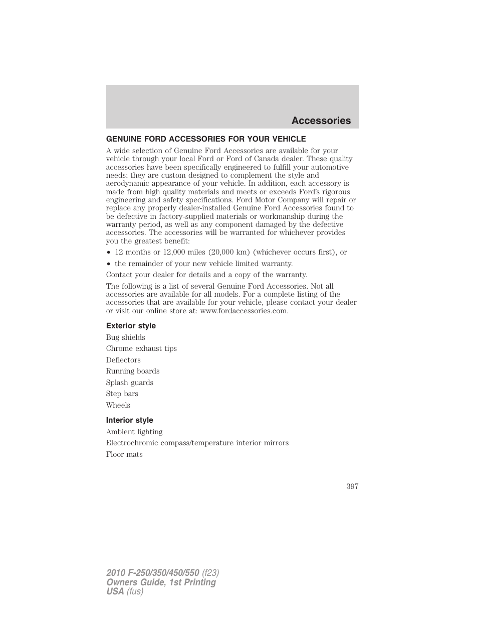 Accessories, Genuine ford accessories for your vehicle, Exterior style | Interior style | FORD 2010 F-550 v.1 User Manual | Page 397 / 407