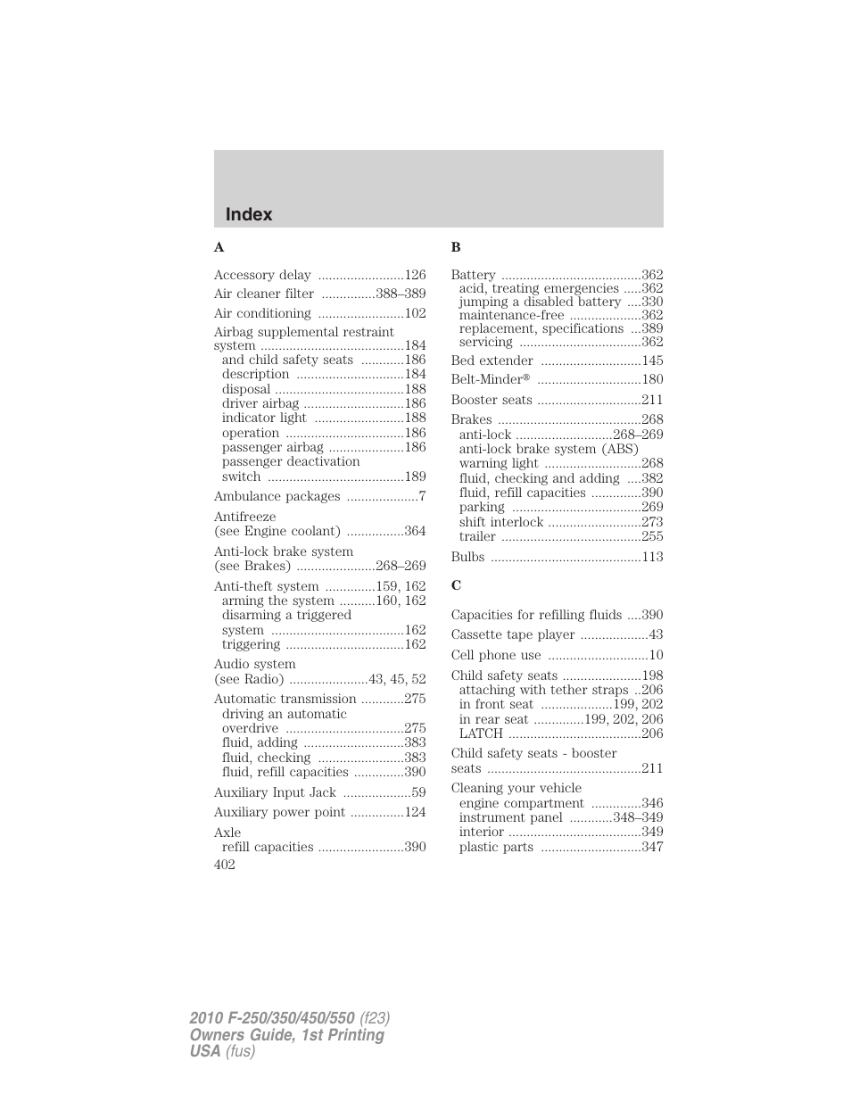 Index | FORD 2010 F-550 v.1 User Manual | Page 402 / 407