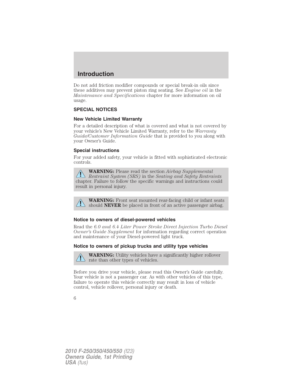 Special notices, New vehicle limited warranty, Special instructions | Notice to owners of diesel-powered vehicles, Introduction | FORD 2010 F-550 v.1 User Manual | Page 6 / 407