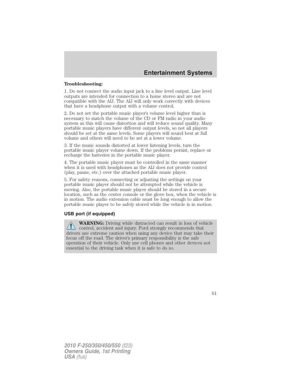 Usb port (if equipped), Usb port, Entertainment systems | FORD 2010 F-550 v.1 User Manual | Page 61 / 407