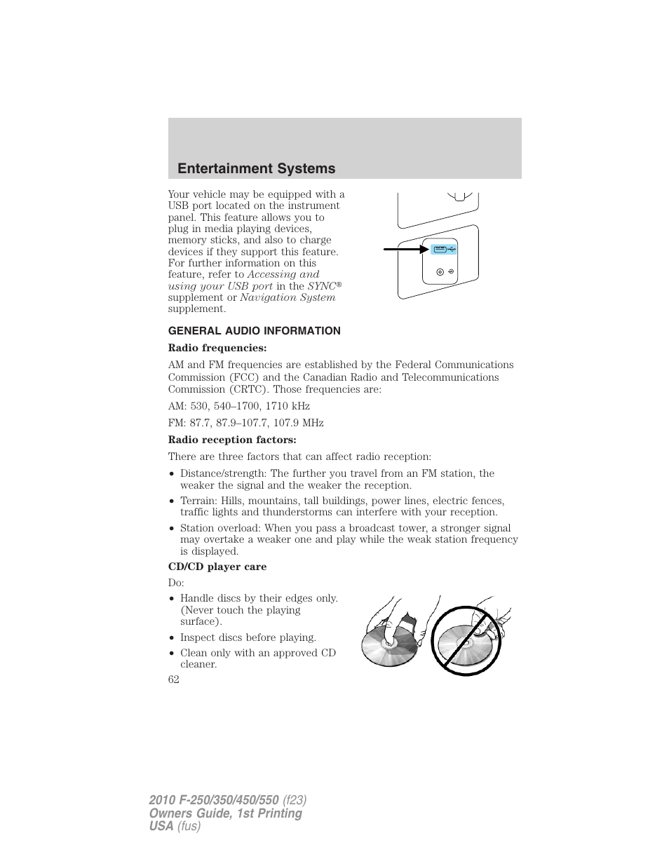 General audio information, Entertainment systems | FORD 2010 F-550 v.1 User Manual | Page 62 / 407
