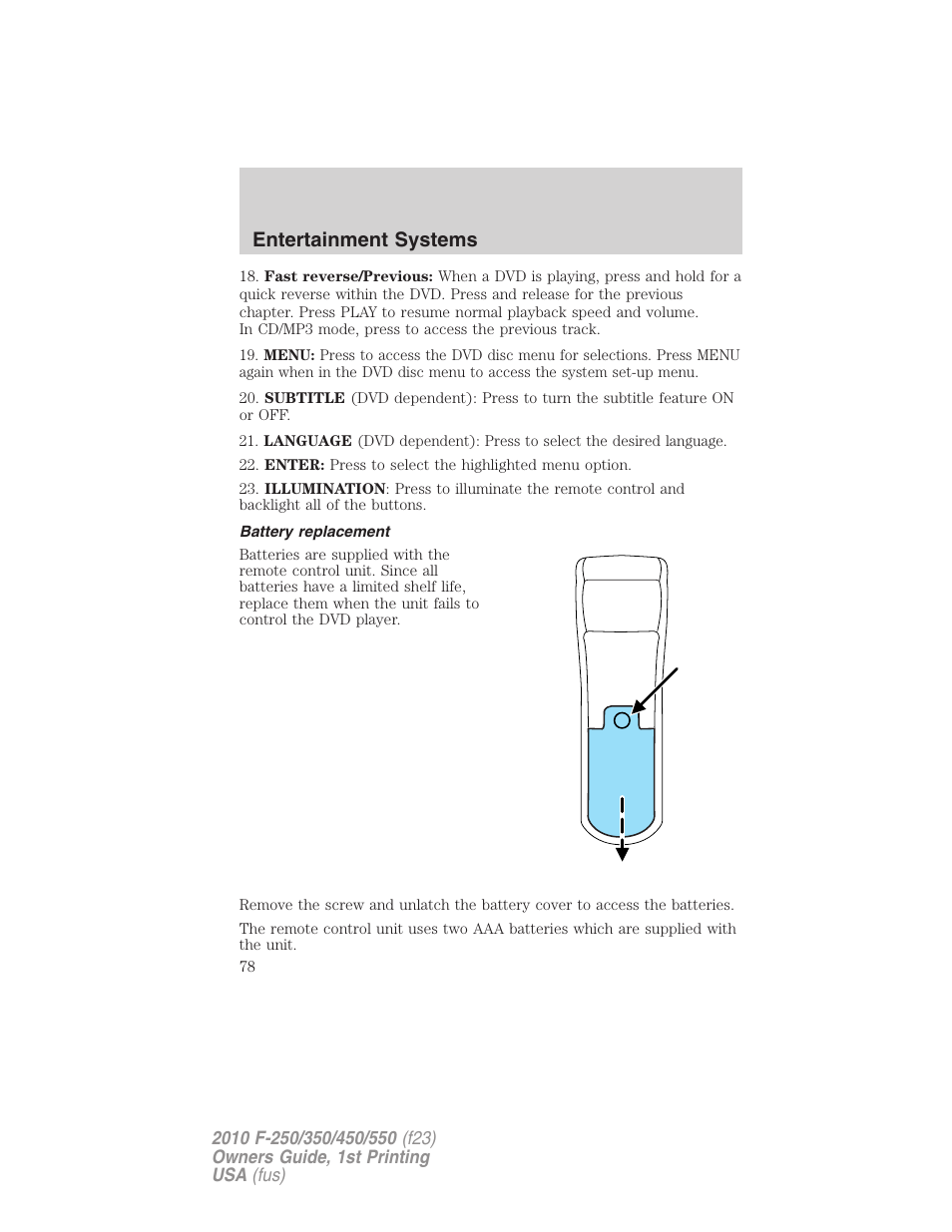 Battery replacement, Entertainment systems | FORD 2010 F-550 v.1 User Manual | Page 78 / 407