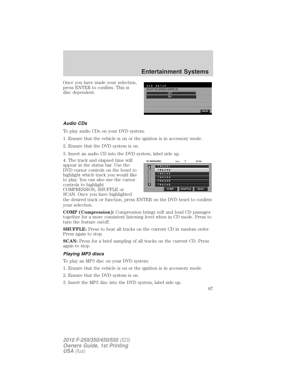 Audio cds, Playing mp3 discs, Entertainment systems | FORD 2010 F-550 v.1 User Manual | Page 87 / 407