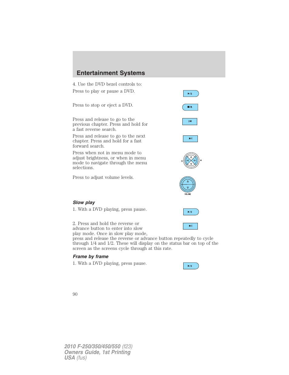 Slow play, Frame by frame, Entertainment systems | FORD 2010 F-550 v.1 User Manual | Page 90 / 407