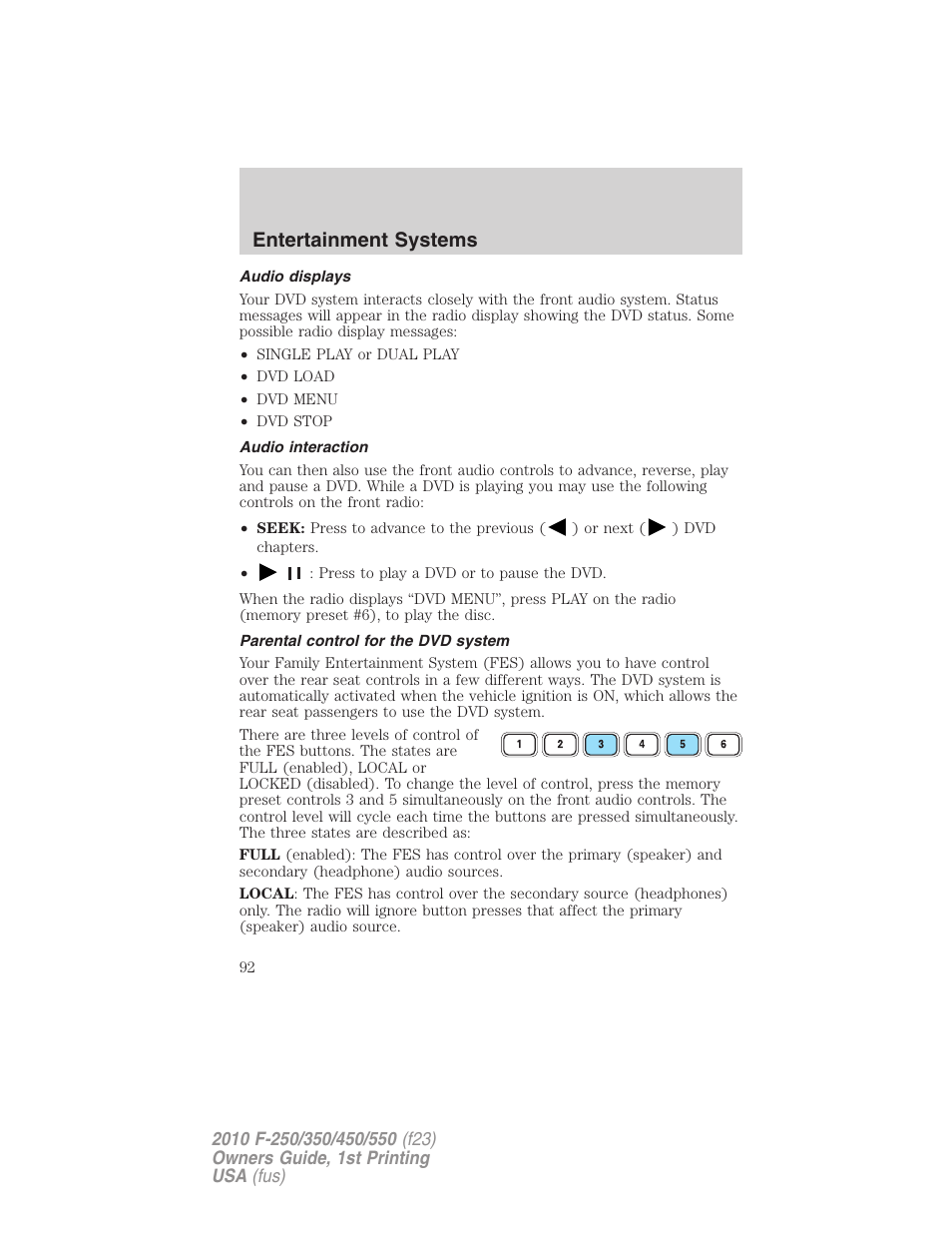 Audio displays, Audio interaction, Parental control for the dvd system | Entertainment systems | FORD 2010 F-550 v.1 User Manual | Page 92 / 407