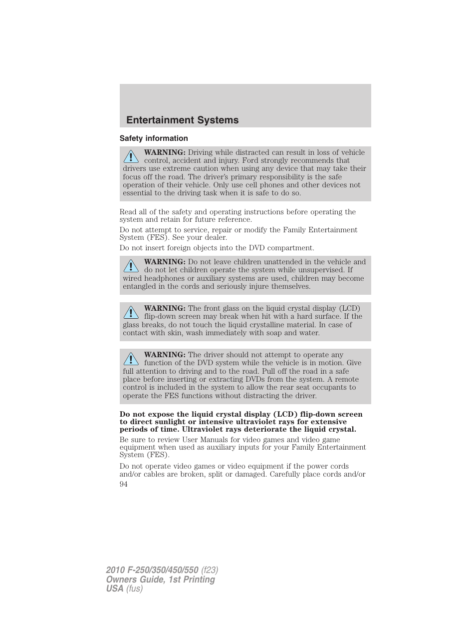 Safety information, Entertainment systems | FORD 2010 F-550 v.1 User Manual | Page 94 / 407