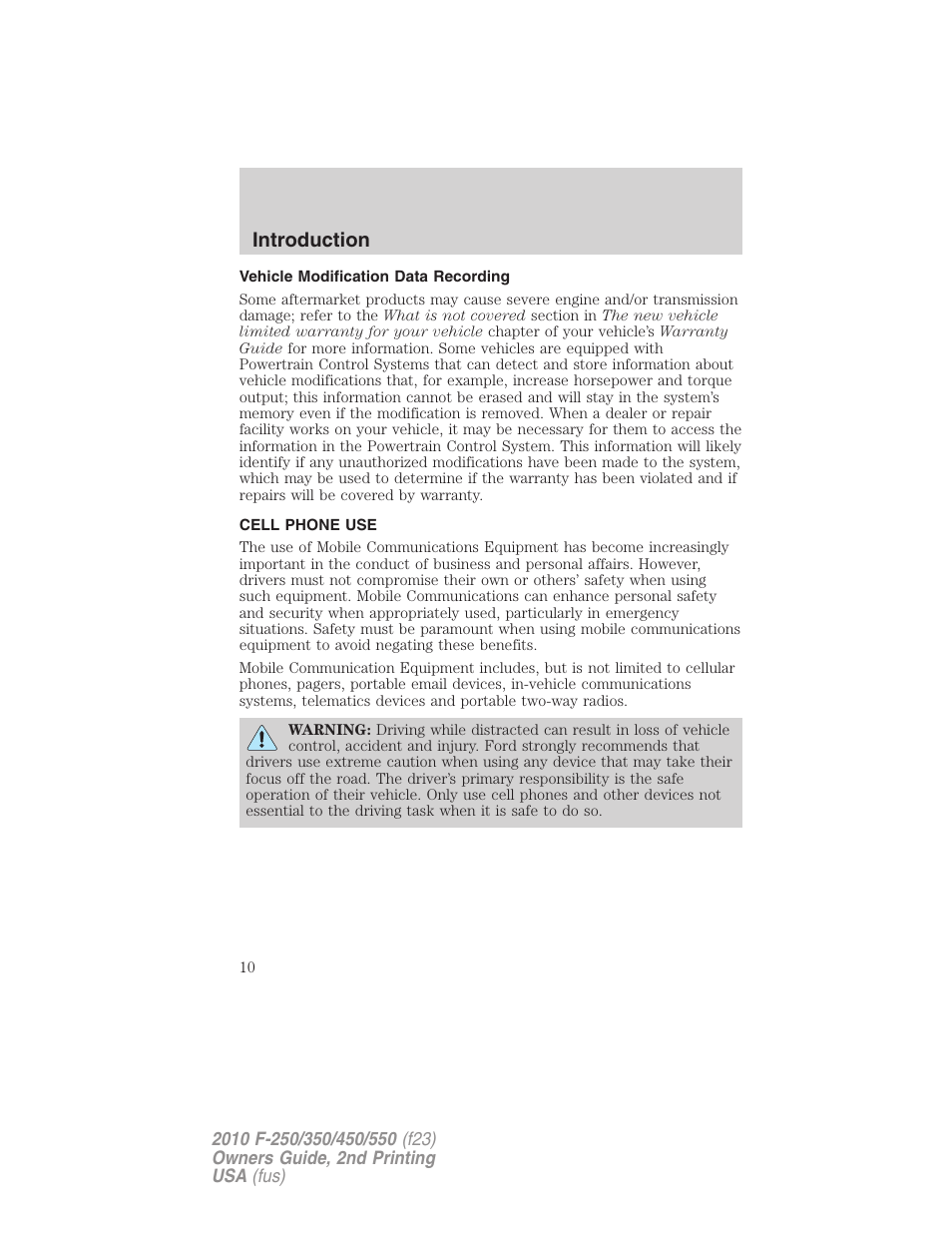 Vehicle modification data recording, Cell phone use, Introduction | FORD 2010 F-550 v.2 User Manual | Page 10 / 408