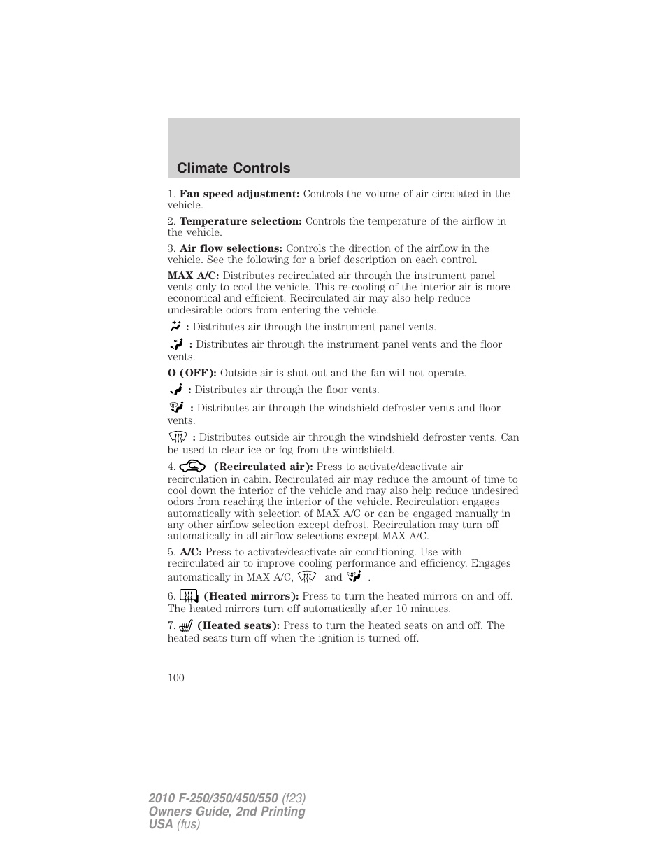 Climate controls | FORD 2010 F-550 v.2 User Manual | Page 100 / 408