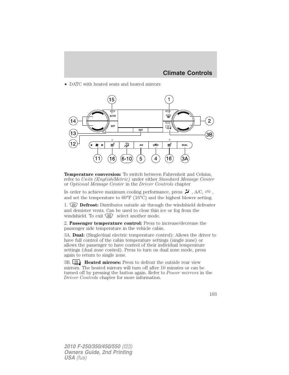 Climate controls | FORD 2010 F-550 v.2 User Manual | Page 103 / 408